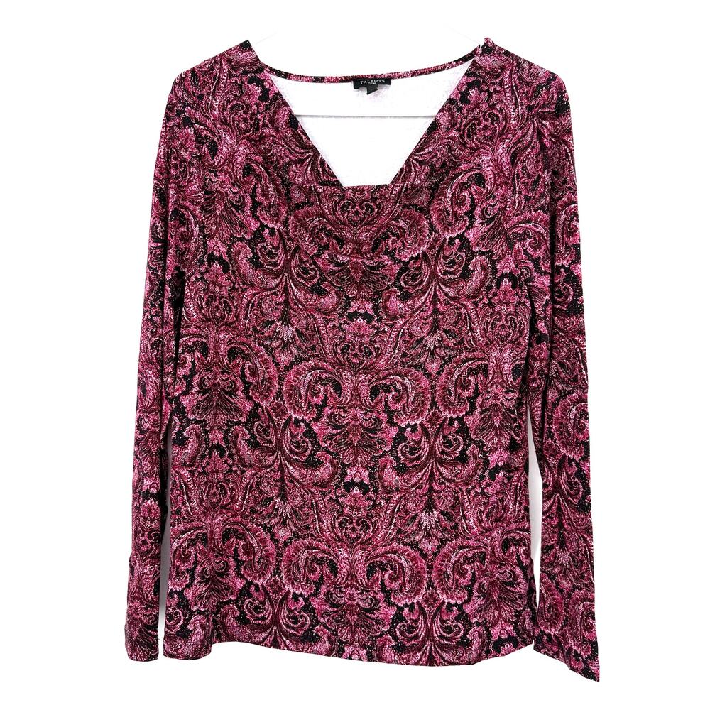 Talbots Size Large Petite Long Sleeve Blouse Top‎ Shirt Pink Black Paisley Print